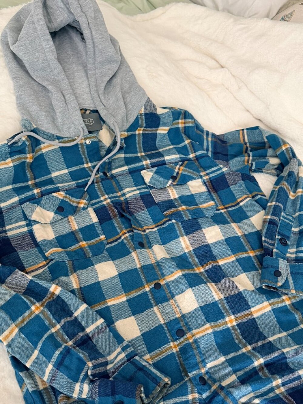 Cozy EXP Blue Plaid Snap-Front Hooded Flannel Shirt Jacket - Men's Size Large